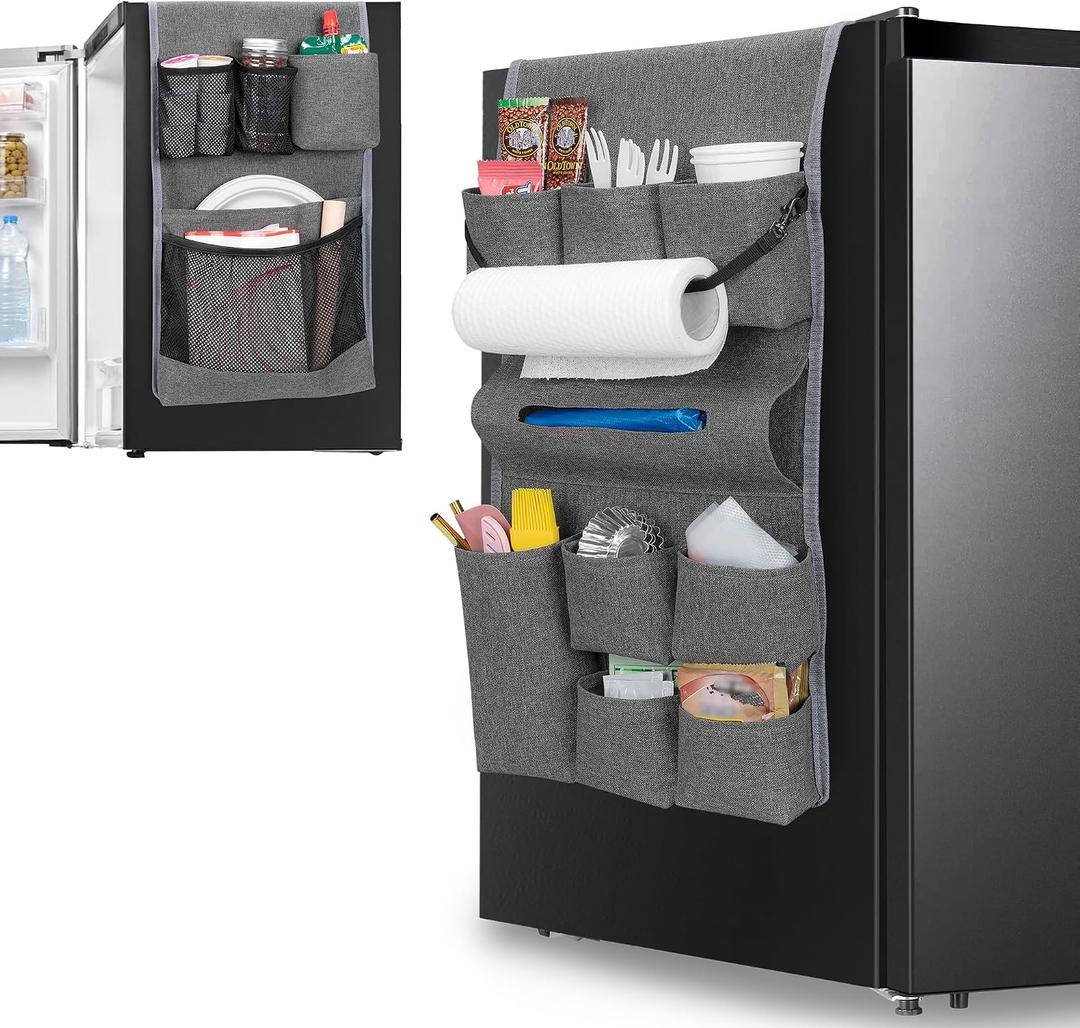 Rexmica Mini Fridge Organizer, Dust Cover with 14 Pockets for Most Household Refrigerators, Hanging Mini Fridge Caddy Organizer Storage Bag for Dorm, Office, Kitchen, Home, School, Gray