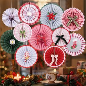 SUNBEAUTY Christmas Party Decorations Hanging Paper Fans Christmas Classroom Decorations Red Green White Paper Fans with Candy Bow for Xmas Holiday Ceilings Wall Decor Winter New Year Party Supplies