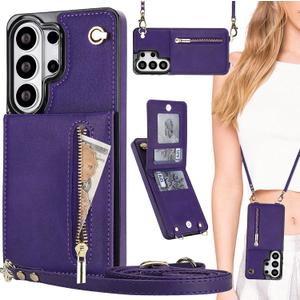 for Samsung Galaxy S26 Ultra Crossbody Wallet Case with Zipper Pocket for Women, PU Leather Lanyard Strap & Flip Kickstand Cover for Galaxy S26 Ultra ZP Purple