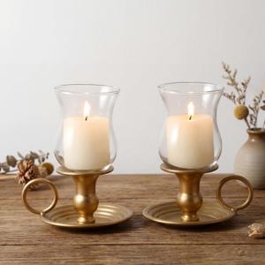 2 Set Solid Brass Hurricane Candle Holders with Tulip Shaped Glass Pegs 7 Tall Vintage Candle Holder for Tea Lights, Polished Shiny Gold Lacquered Candlelight Dinner Wedding Party Gift