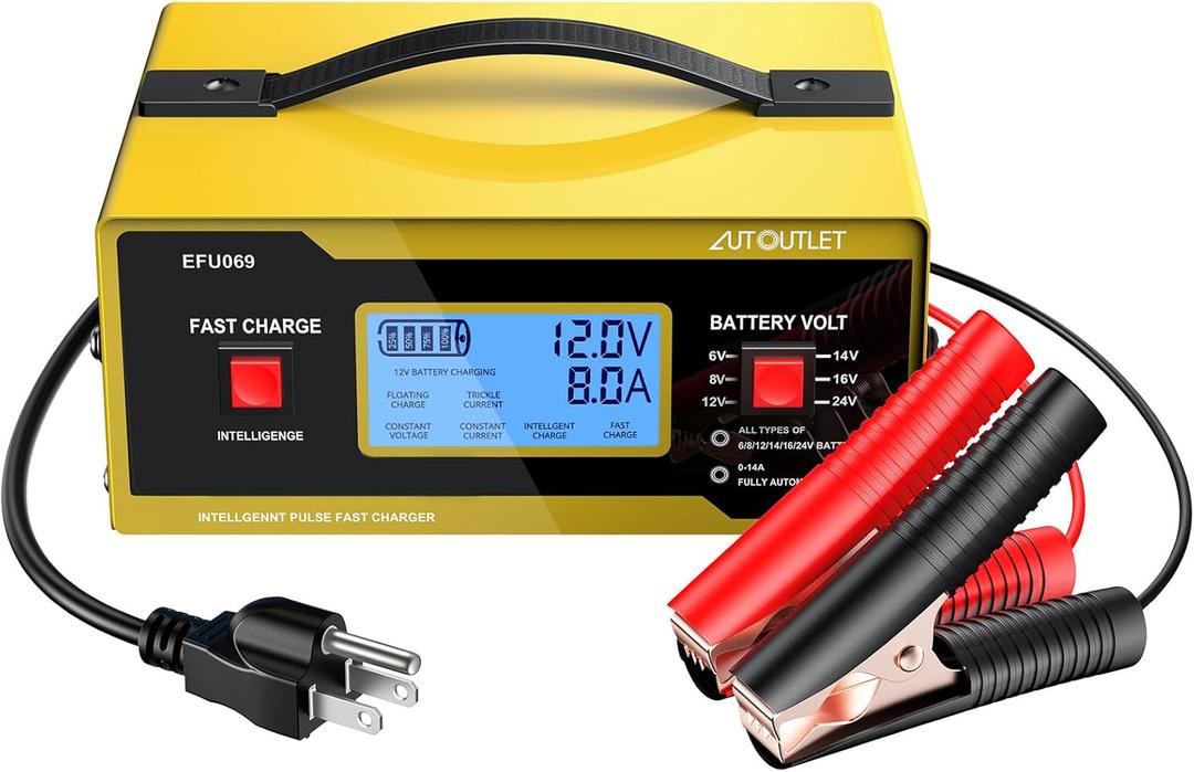 AUTOUTLET Upgraded 6/8/12/14/16/24V Battery Charger Automotive Smart Car Battery Charger and Trickle Maintainer 0-14A Fully Automatic with Cable Clamps