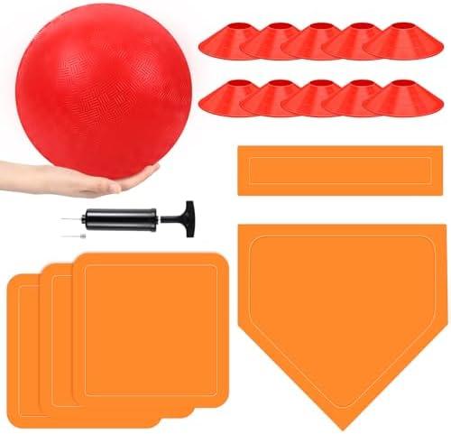 Hiboom 16 Pcs Sports Kickball Set Includes 10 Inches Playground Ball 5 Rubber Throw Down Bases Ball Pump 10 Foul Line Cones for Kids Adults Playground School Backyard Game Camps Picnic