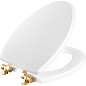 Mayfair Bennett Toilet Seat with Brushed Gold Hinges, Slow Close Wood Seat, Secure Metal Hinges, Easy Install, Made in USA, Elongated, White
