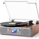 Vintage Vinyl Record Player with Stereo Speakers, 3-Speed Belt Drive Bluetooth Turntable, USB to PC Recording, LCD Display, Auto Stop, RCA Line Out, AUX, Headphone Jack, Walnut Wood, Home Decor, Gift