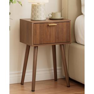 Night Stand, Walnut Nightstand with Fluted Door, Small Modern Mid-Century Bedside Table for Bedroom, End Table for Living Room