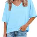 Cicy Bell Womens Summer V Neck T Shirts Casual Short Sleeve Flowy Tops Cute Loose Fit Basic Tees (Blue, L)