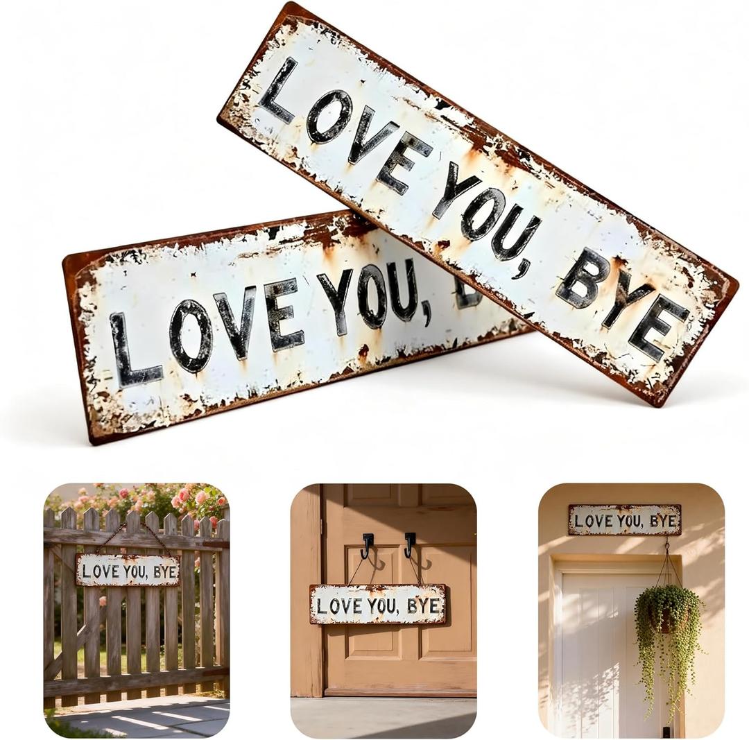 Love You Bye Vintage Metal Wall Sign, 16×4 Inch Aluminum Rustic Wall Plaque, Retro Greenery Style Farmhouse Wall Art, Hanging Decor for Hallway Door Kitchen Bar Bedroom Office, Housewarming Gift (2pcs)