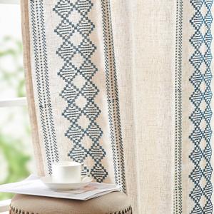 jinchan Boho Curtains Linen Blend Beige Farmhouse Curtains 63 Inches Long for Living Room Blue Square Embroidered Bordered Back Tab Bedroom Window Light Filtering Bohemian Drapes 2 Panels
