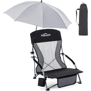 Homcosan Portable Low Folding Beach Chair with Detachable Umbrella - Lightweight Camping Chair for Adults with Cup Holder & Storage Pocket, Carry Bag Included (Black & Gray)