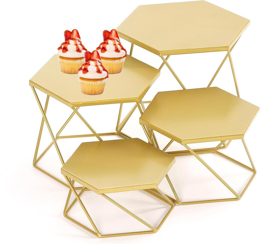 Metal Display Risers, Set of 4 Brass Hexagonal Nesting Buffet Riser Set, Modern Brass Buffet Display Stands for Food, Food Display Risers for Buffet Cupcake Small Potted Plants