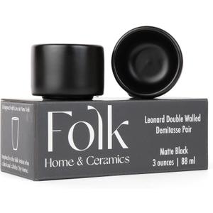 Folk Ceramics Leonard Ceramic Espresso Cups | Modern Stackable Demitasse Mugs for Espresso | Thick Walled, Handleless, Durable, Dishwasher & Microwave Safe | Set of 2, 3oz | Matte Black