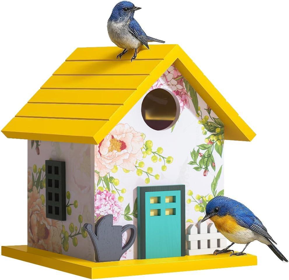 CEDAR ALPHA Spring Melody Bluebird House, Composite Material Nesting Box, Hanging Birdhouse for Blue Bird,Sparrow, Chickadee, Birdhouse for Outside, 5 Years Weatherable Bird Box on Post for Pole (A)