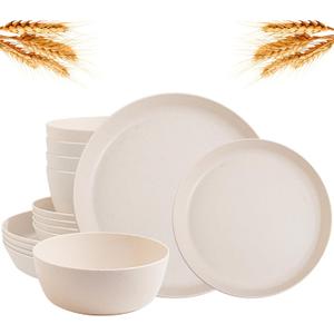 EI 12pcs Wheat Straw Dinnerware Set of 4,Reusable Plastic Plates,Unbreakable Dinner Plates,Deep Dinner Hard Premium Plastic Plate,Microwave Dishwasher Safe for Camping,Picninc,Family Dinner,  Beige Wheat