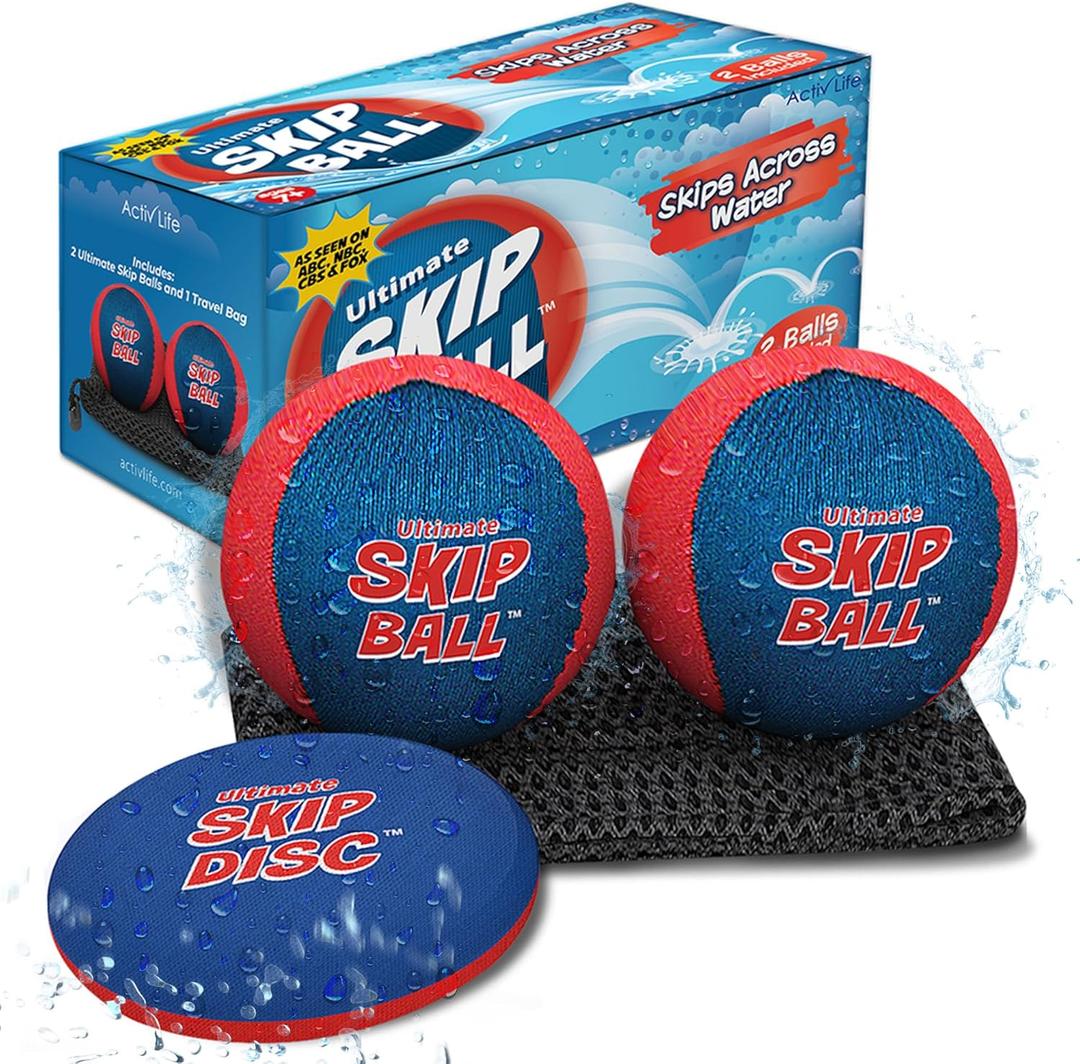 Activ Life The Ultimate Skip Ball  Water Bouncing Ball (2 Pack) Create Lasting Memories with Your Friends & Family at The Beach, Lake or Pool - Great for All Ages (.Red/Blue [With Skip Disc])
