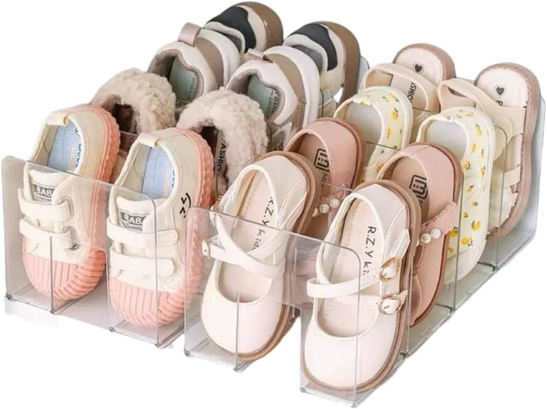 Clear Acrylic Shoe Rack for Kids 2 Pack Clothing Drawer Organizer Baby Dresser Organizer 4 Sections Stackable Baby Shoe Organizer for Closet, Nursery & Entryway, Toddler Shoe Storage Shelf