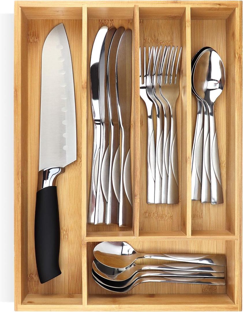 Pristine Bamboo Silverware Organizer - Small Extra-Deep Wooden Kitchen Drawer Organizer Divider for Spoons, Forks, Knives & Cutleries - 5 Slots (Brown)