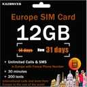 Prepaid SIM Card for Europe Travel with 12GB of 4G Data, Unlimited Calls and SMS in Europe with France Phone Number, 30 mins and 200 SMS from Europe to Worldwide(Lasts for 31 Days),Tethering Allowed