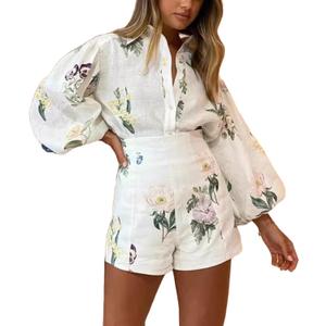 Molilove Womens 2 Piece Outfit Hawaiian Long Sleeve Button Down Shirt and Shorts Tracksuit Lounge Set (Medium, Beige)