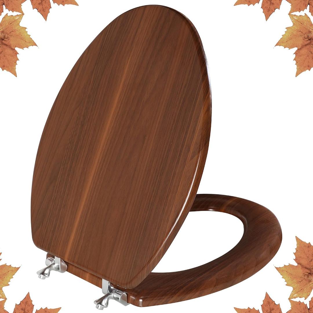 Angol Shiold Elongated Wooden Toilet Seat with Zinc Alloy Hinges, Easy to Install and Clean, Anti-pinch, Walnut