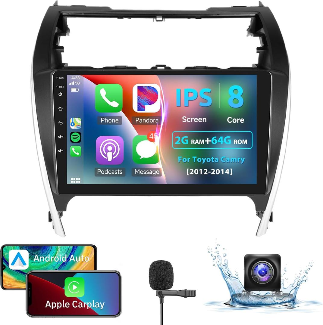 8 Core 2+64G Android Car Stereo for Toyota Camry 2012 2013 2014 with Wireless Carplay Android Auto Car Radio, 10.1 Head Unit Touch Screen Mirror Link WiFi GPS Bluetooth FM RDS DSP Backup Camera SWC