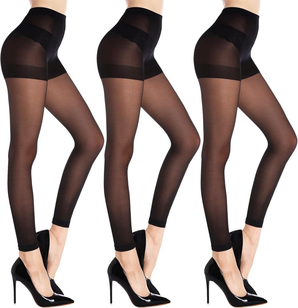 3 Pairs Women's Sheer Footless Tights 30D Microfibre Control Top Pantyhose Run Resistant (X-Large, Black)