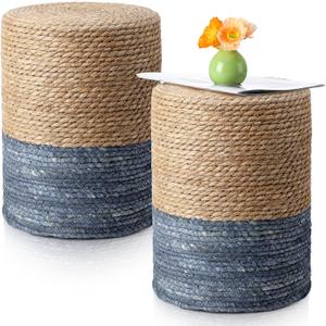 Barydat 2 Pcs 15'' Ottoman Pouf Natural Seagrass Braided Poof Hand Weaving Round Ottomans Boho Footrest Stool for Home Living Room Bedroom Patio(Natural and Blue)