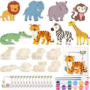 24 Set Safari Party Favors Jungle Animal Wooden Painting Crafts DIY Safari Jungle Wooden Painting Kit Wild Animals Coloring Crafts with Card for School Classroom Birthday Farm Party Favors Supplies