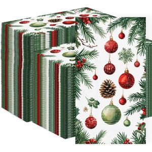3-Ply Christmas Paper Napkins Disposable: Guest Dinner Hand Towels, Xmas Table Decorative for Bathroom Home Kitchen, Holiday Cocktail Party Decor, Red White Green (4.3x7.9 Inches, Count, 100)