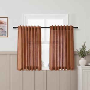 Terracotta Linen Textured Kitchen Curtains 45 Inch Length 2 Panel Set Back Tab Pocket Boho Small Bathroom Window Curtains Semitransparent Sheer Lightweight Short Curtain for Cafe Basement 52x45