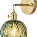 Cerdeco Vintage Wall Sconce with Green Leaf Glass Shade,180Adjustable Arm and Golden Base,Modern Indoor Wall Light Lighting for Bedroom