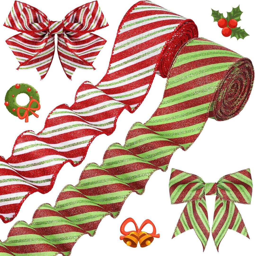 2 Rolls Christmas Wired Ribbon Red Green Stripe Glitter Ribbon Xmas Wrapping Burlap Decor for Home Party DIY Craft Bows, 2.5 Inch 20 Yards (White, Green)
