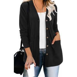 ULTRANICE Women's Cardigan Sweaters Lightweight Long Sleeve Open Front Knitted Button Down Cardigans Tops with Pockets (Medium, Black)