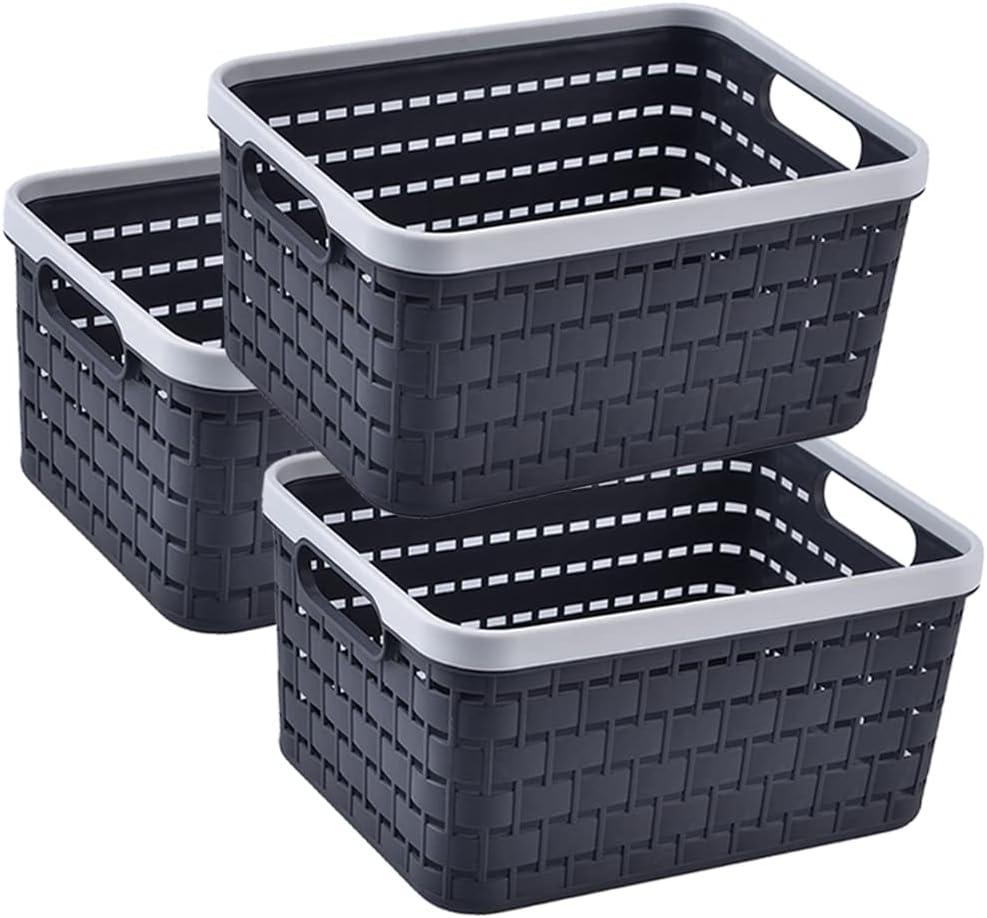 AYSUM Medium Plastic Woven Storage Baskets - 3 Pack Stackable Woven Organizer, 11 x 8.5 x 5 Inch, Grey - For Pantry, Kitchen, Bedroom, Bathroom