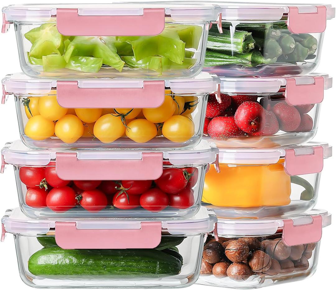 8 Pack 36oz Large Glass Meal Prep Containers with lids, Glass Food Storage Containers with Leak Proof Snap Lock Lids , Airtight Bento lunch Boxes, Kitchen Storage, Oven and Dishwasher Safe-Pink