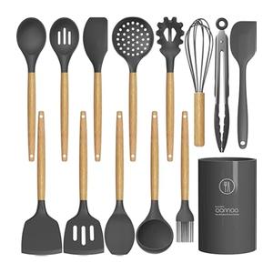 MegaChef Tool Black Utensil Set, 14 Piece, Gray and Wood