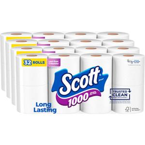 Scott 1000 Trusted Clean Toilet Paper, 32 Rolls, Septic-Safe, 1-Ply Toilet Tissue (1000 sheet (Pack of 32))