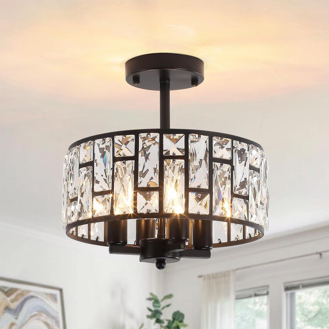 11.22 Crystal Ceiling Light Fixture, Black Semi Flush Mount Ceiling Light, 4-Light Modern Ceiling Light for Hallway Entryway Kitchen Bedroom Bathroom