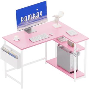 Pamray 40 Inch L Shaped Computer Desk with Reversible Side Storage Shelves, Small Corner Desk for Small Space Home Office, Writing Study Table PC Desk for Bedroom, Pink