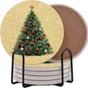 Christmas Tree Gold Holiday Season Round Coasters Set of 6 - Absorbent Ceramic Coasters with Metal Stand for Decoration Xmas Decoration Decor (Christmas Tree 2)