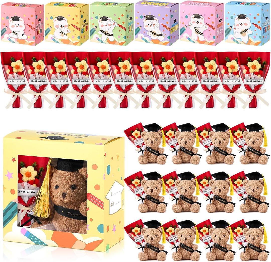 Skylety 12 Set Class of 2026 Graduation Bear Plush with Bouquet and Gift Box, Mini Stuffed Animal Graduation Party Favors Bulk for Grad Party Guests, Grad Gifts for Her/His(Red Series)