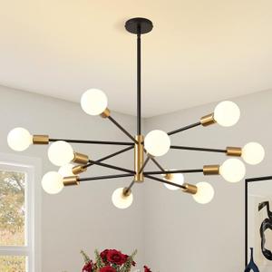 KAISITE Modern Chandelier 12-Light Sputnik Chandeliers Black and Gold Chandelier Light Fixtures for Dining Room Over Table Mid Century Height Adjustable High Ceiling Kitchen Farmhouse Chandelier