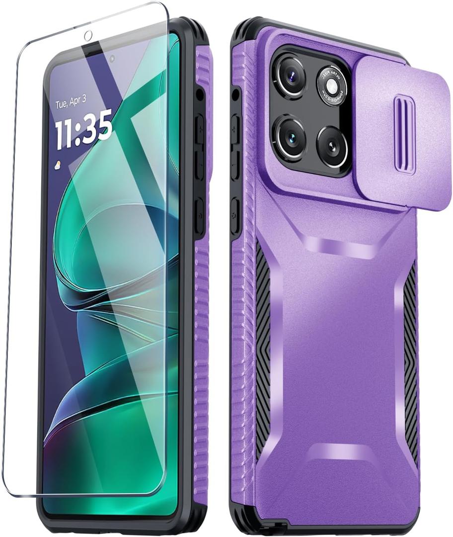 Compatible with Moto G Stylus 5G 2025 Case with Slide Camera Cover+Screen Protector,Military Grade Drop Protection,Heavy Duty Rugged Shockproof Protective Phone Cover,Purple