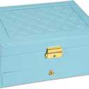 2-Layer Jewelry Box for Women, Jewelry Organizers and Storage with Removable Jewelry Tray, Vintage Quilted Top Lockable Jewelry Holder Gift Idea Sky Blue