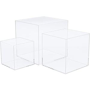 Clisela 3pcs Acrylic Cube Display Stands Box Risers with Hollow Bottoms, Food Risers for Buffet Table, Decorative Display Stand Shelf for Dessert Collectibles Jewelry Figures Show - Clear 3" 4" 5"