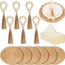Gejoy 18 Pcs Boho Woven Placemats Wood Bead Napkin Rings with Dinner Napkins Cloth 13.8 Inch Round Water Hyacinth Placemat Farmhouse Rustic Table Chargers Wooden Dinner Ring for Wedding Thanksgiving