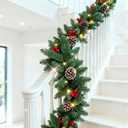 Pre-lit Christmas Garland, 9FT Lighted Christmas Garland Indoor with Red Berries & Pine Cone for Stairs Wall Door Outdoor Holiday Decor with Battery Operated Timer, Artificial Xmas Garland