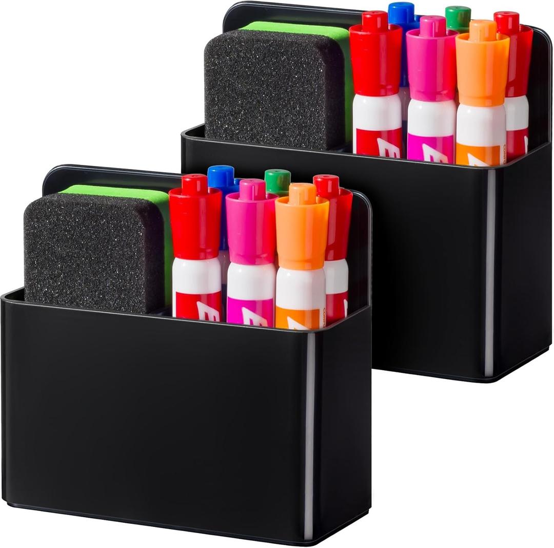 BEYGORM 2 Pack Plastics Magnetic Pen Holder for Refrigerator, Dry Erase Marker Holder for WhiteboardMagnet School Locker Organizer Accessories, Pencil Cup, Pen Caddy, Classroom Organization (Black)