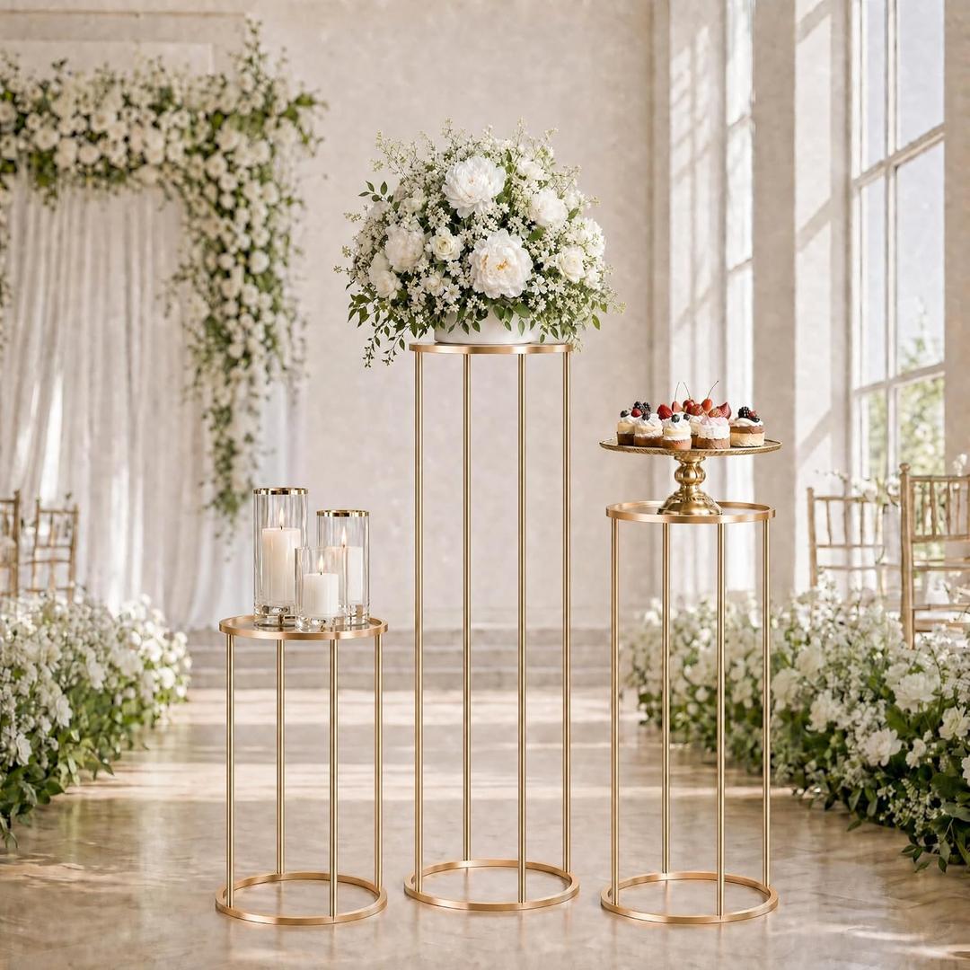 3PCS Round Cylinder Pedestal Stands Set, Gold Metal Display Columns with Removable Acrylic Tops, Sturdy Iron Nesting Risers for Wedding Party Dessert Table, Floral Vases and Event Decor (23.6", 31.5", 39.3" Heights)