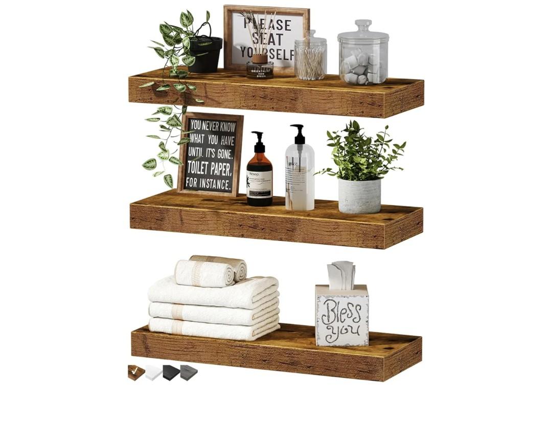 QEEIG Floating Shelves for Wall Bathroom Shelf Bedroom Kitchen Living Room Hanging Book Shelves Small Farmhouse Decor 16 inch Set of 3, Rustic Brown (015-BN3)