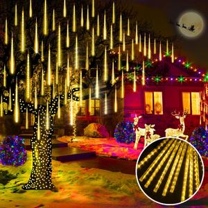 KNONEW Christmas Lights Outdoor, 15 inch 24 Tubes 672 LED Meteor Shower Lights Plug in Waterproof Falling Rain Light for Xmas Tree Wedding Party Garden Holiday Rooftop Decorations (Warm White)